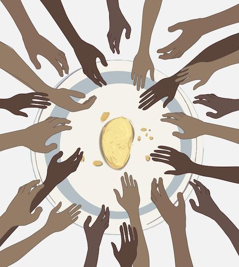 a group of hands reaching for a piece of food in the middle of a circle