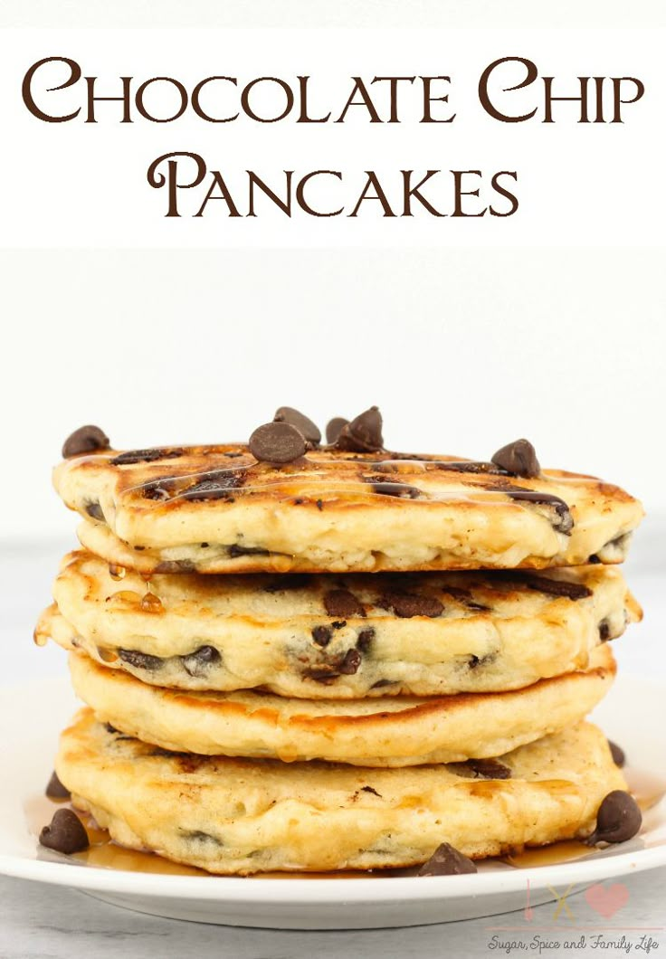 chocolate chip pancakes stacked on top of each other with text overlay that reads chocolate chip pancakes