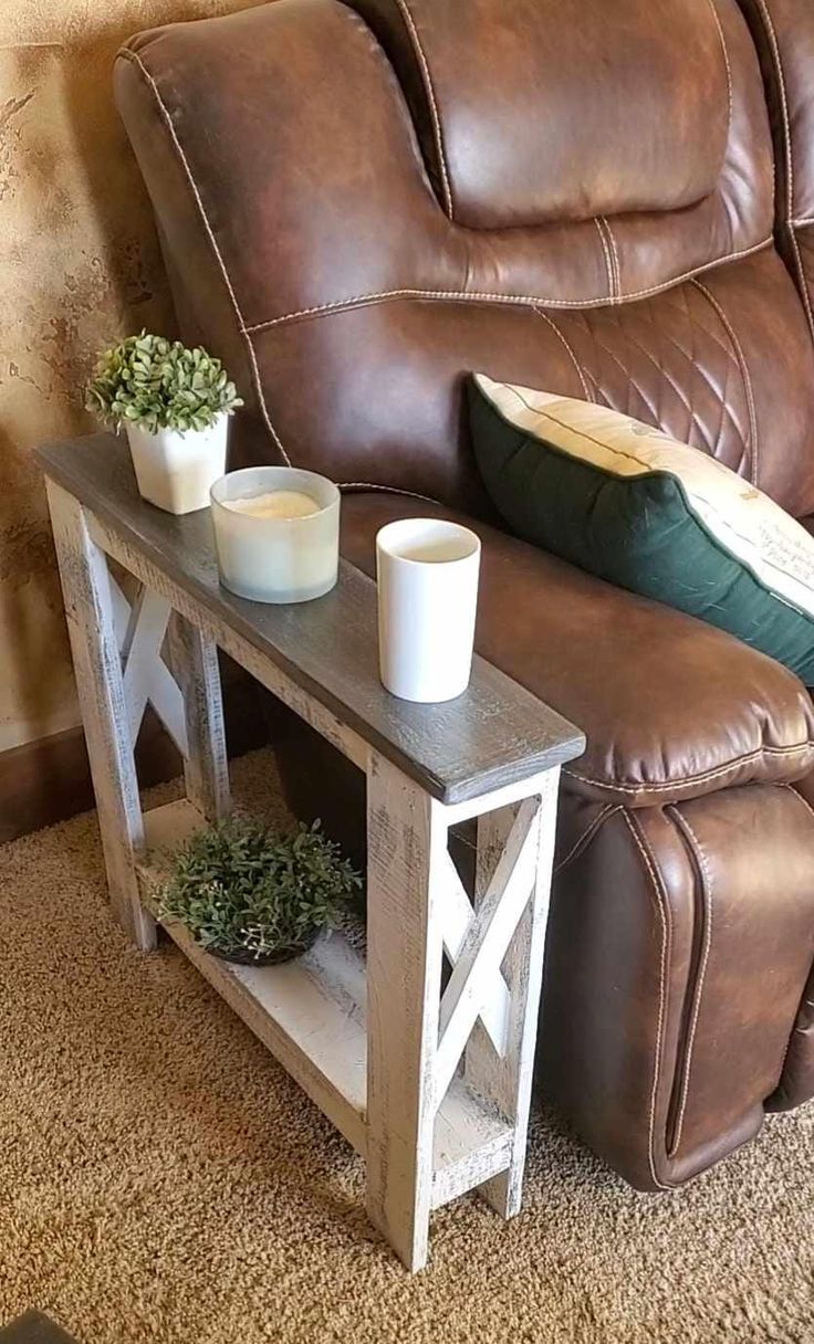 Hand made reclaimed wood single 5.0' inches  narrow end table 24.0'' tall,  26''wide, white distressed, the top is brown sealed.  Please keep in mind that our products are handmade from reclaimed wood so no two pieces will ever be the exact same and wood grain and color will vary. Also, old nail holes, knot holes and cracks can be expected and are a part of what adds the character to these one-of-a-kind pieces. thanks for looking!  SHIPPING Free shipping to the United States shipping with USPS/f End Tables Repurposed, Homemade End Tables, Small Side Table In Living Room, Diy Side Table In Living Room, Narrow End Tables Living Room, Small Side Table Decor, Small Furniture Ideas, Picket Projects, End Table Diy