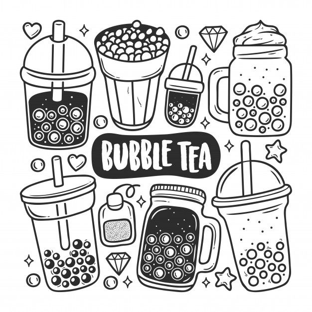 the bubble tea logo is surrounded by different types of drinks and confection items