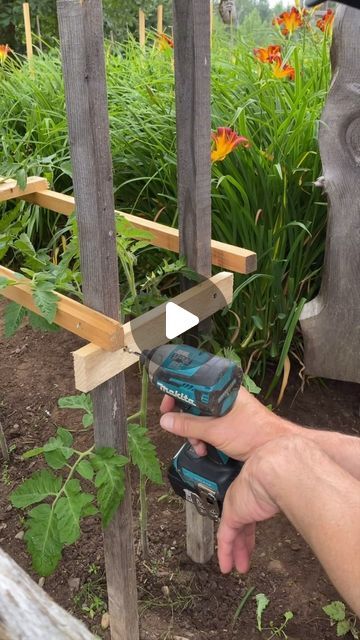 a man is using a drill to fix a wooden post in the garden with flowers behind him