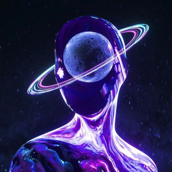 a purple and blue alien with saturn in the backgrounnd, against a black background