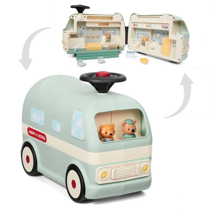 a toy bus with two teddy bears in it