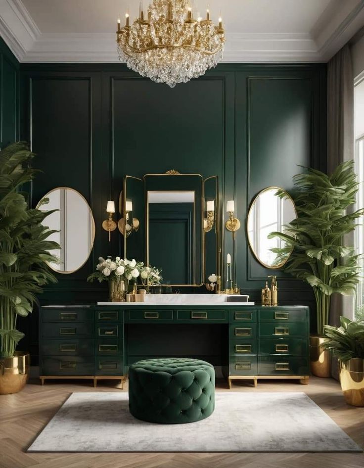 an elegant bathroom with green walls, gold accents and large mirror above the vanity area