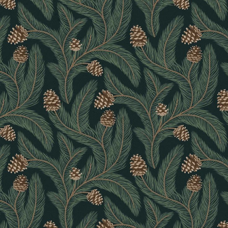 a green and brown wallpaper with pine cones