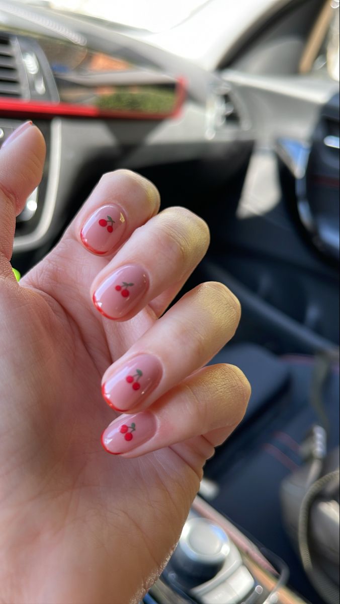 Short Nail Inspo Minimalist, Nailart For Short Nails Cute, Cherry Gel Nails Short, Simple Harry Styles Nails, Cherry Nail Art Short, Short Nails Art Spring, Cherry On Nails, Cherry Short Nails, Simple Cherry Nails