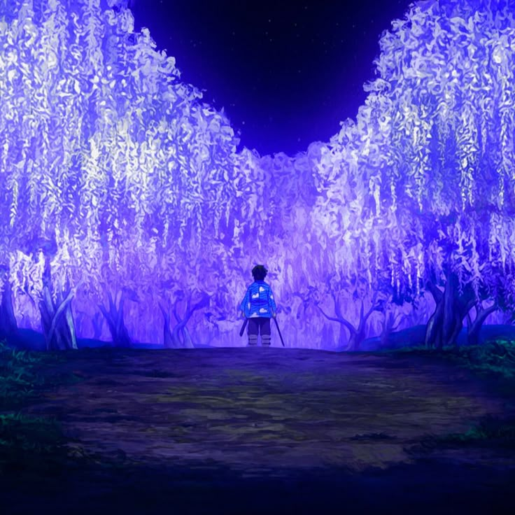 a person standing in the middle of a purple forest