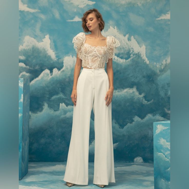 Open To Offers Gemy Maalouf Straight Cut Pant Us Size 2/ Uk Size 6 Elegant High-waisted Wedding Pants, Elegant Wide Leg Pants For Spring Wedding, Glamorous White Formal Bottoms, Fitted White Wide Leg Pants For Evening, White Fitted Wide Leg Pants For Evening, Glamorous Wide Leg Wedding Bottoms, Glamorous White Wedding Bottoms, High-waisted Wide Leg Pants For Spring Wedding, White Feminine Evening Bottoms