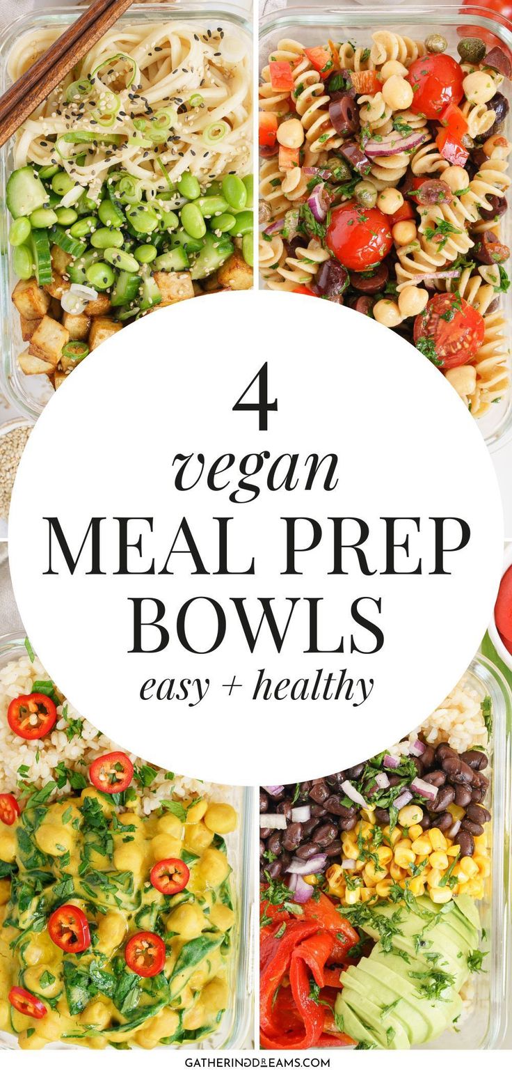 four meal prep bowls with text overlay that reads 4 vegan meal prep bowls easy and healthy