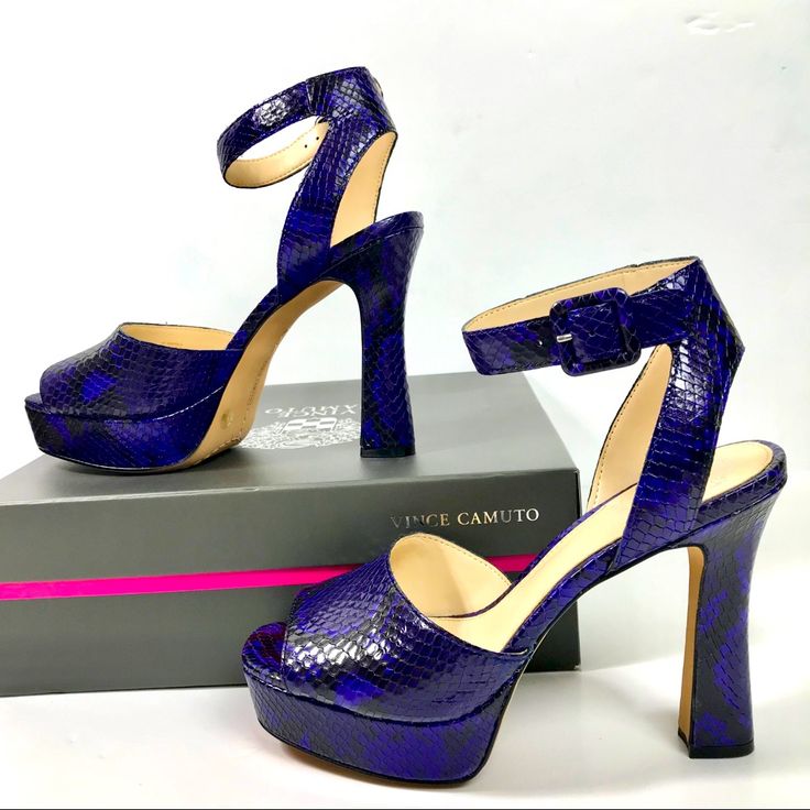 New Vince Camuto Women’s Leather Snakeskin Platforms Heels Shoes Gorgeous Women’s Statement Heels Classy Piece Color Black And Purple Platform 1” Heel 4.5” Chic Purple Heels With Reinforced Heel, Purple Ankle Strap Heels For Night Out, Chic Purple Heels For Night Out, Chic Purple Heels For A Night Out, Purple Leather Party Heels, Purple Block Heel Shoes For Night Out, Purple Block Heel Heels For Night Out, Chic Purple Ankle Strap Heels, Purple Leather Heels With 4-inch Heel