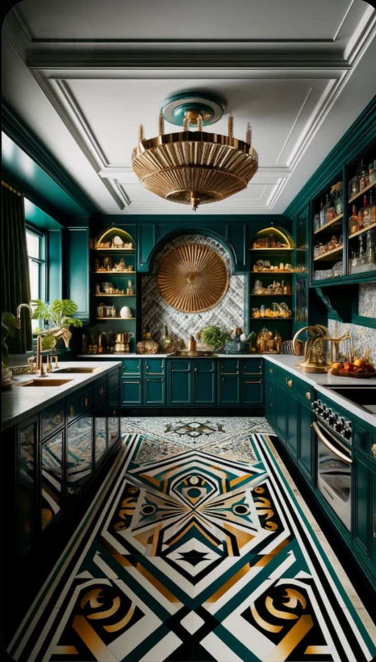 a kitchen with green cabinets and gold accents on the floor, along with an intricately designed rug