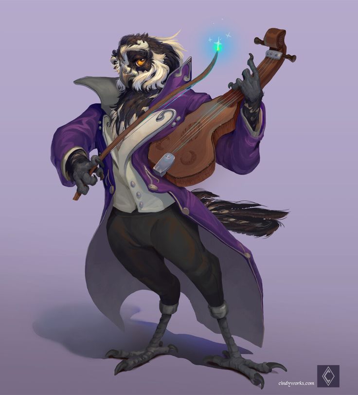 a cartoon character holding a violin and wearing a purple coat with an owl on it's back