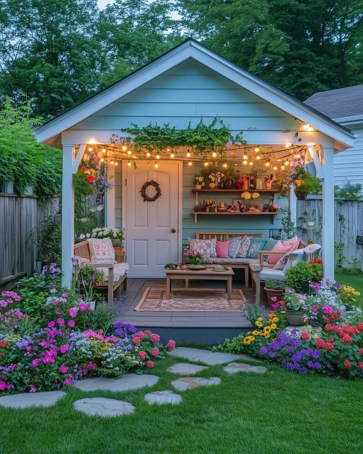 an outdoor patio with flowers and lights on it