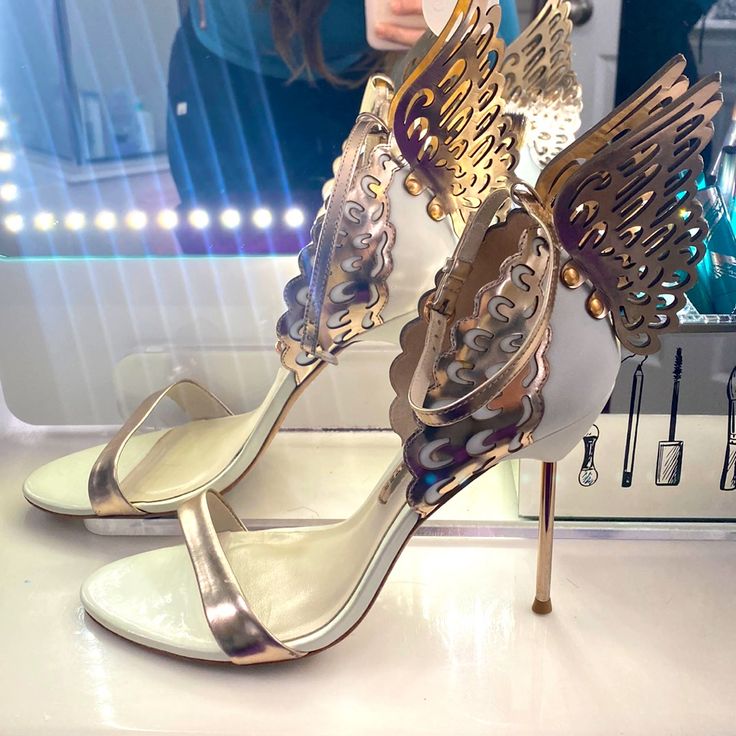 So I Love These But My Foot Grew After Kids And They Are Now Too Small For Me. I Imagine These Might Fight A 39 In Valentino. Size Is 40 1/2. Lace-up Party Heels With Removable Insole, Gold Heels Butterfly, Luxury Gold-studded Heels For Formal Occasions, Versace Butterfly Heels, Versace Crystal Butterfly Heels, Luxury Gold-studded Evening Heels, Sophia Webster Shoes, Sophia Webster, Hot Shoes