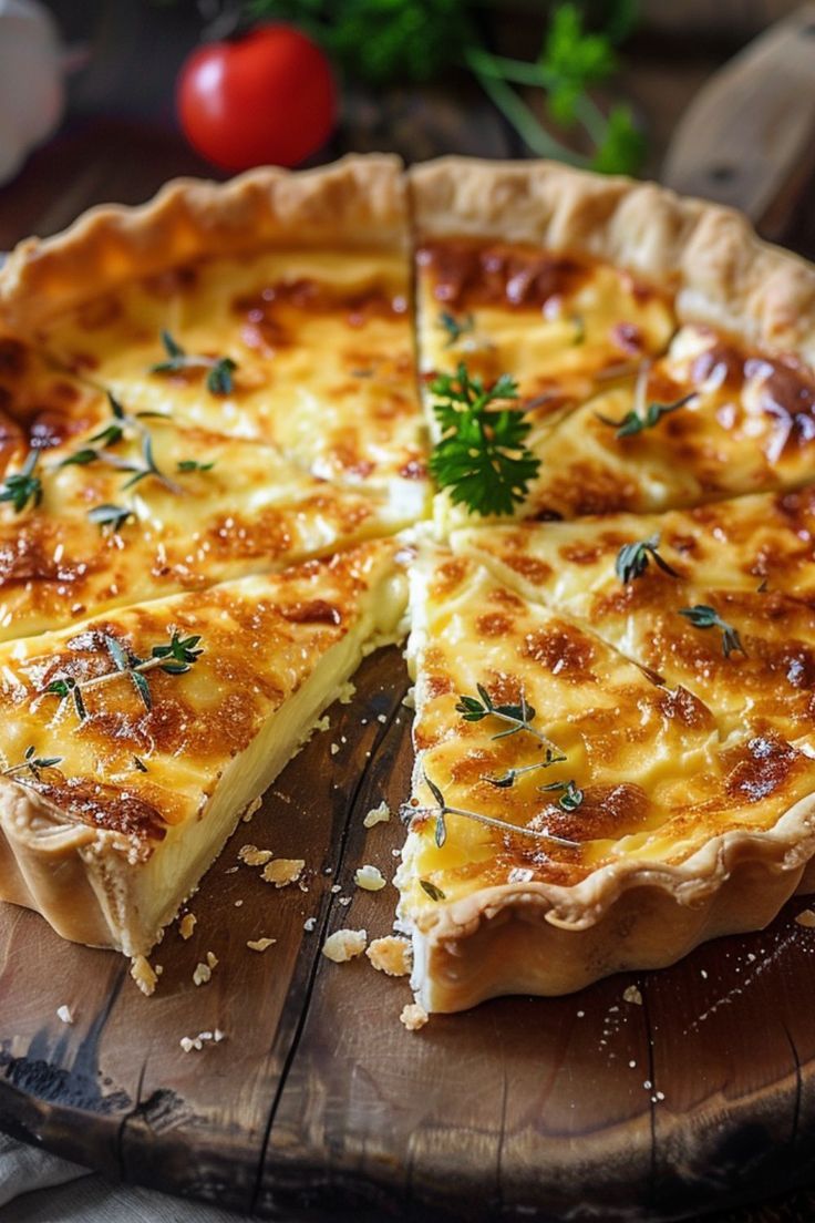 a cheese pie on a wooden cutting board