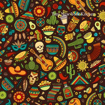 a brown background with colorful mexican items and symbols on it's sides, including a guitar