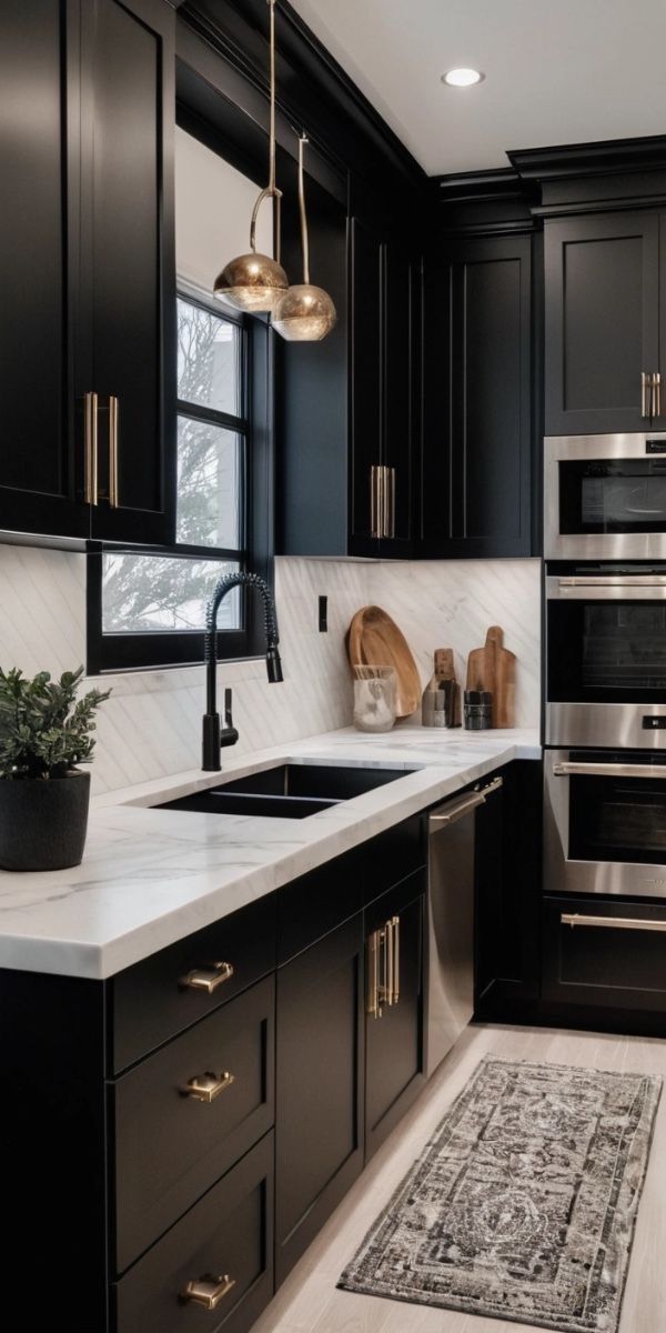 a kitchen with black cabinets, white counter tops and an area rug on the floor