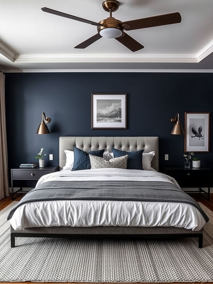 home deco ideas Grey White And Navy Bedroom, Dark Blue Bedroom Ideas For Couples, Small Room Ideas For Men Bedrooms Guys, Bedroom Ideas For Couples Dark, Dark Blue And Grey Bedroom, Blue And Grey Bedroom Decor, Blue And Grey Boys Bedroom, Men Bedroom Decor Ideas, Male Bedroom Decor