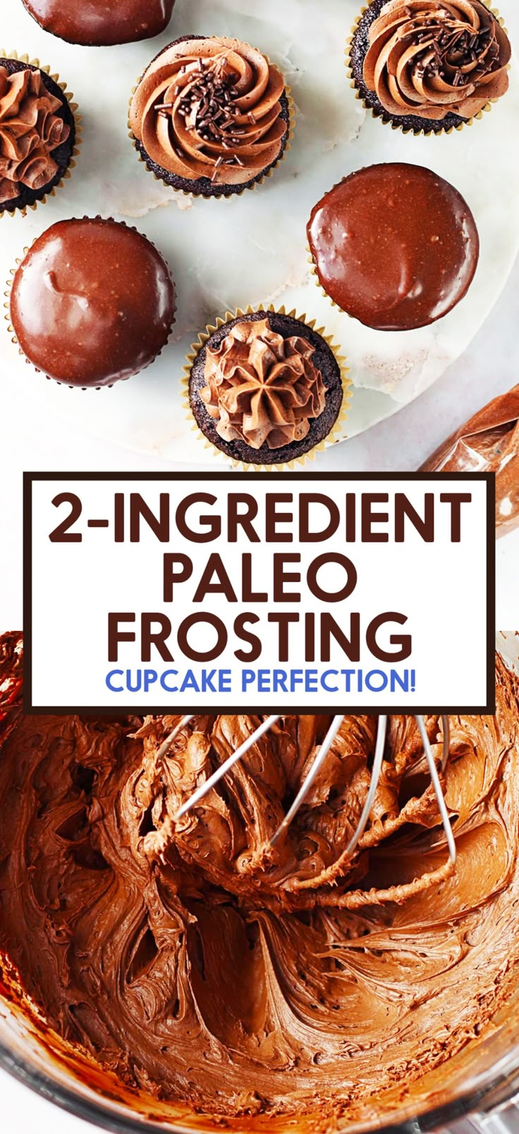 two ingredient paleo frosting in a bowl with chocolate cupcakes