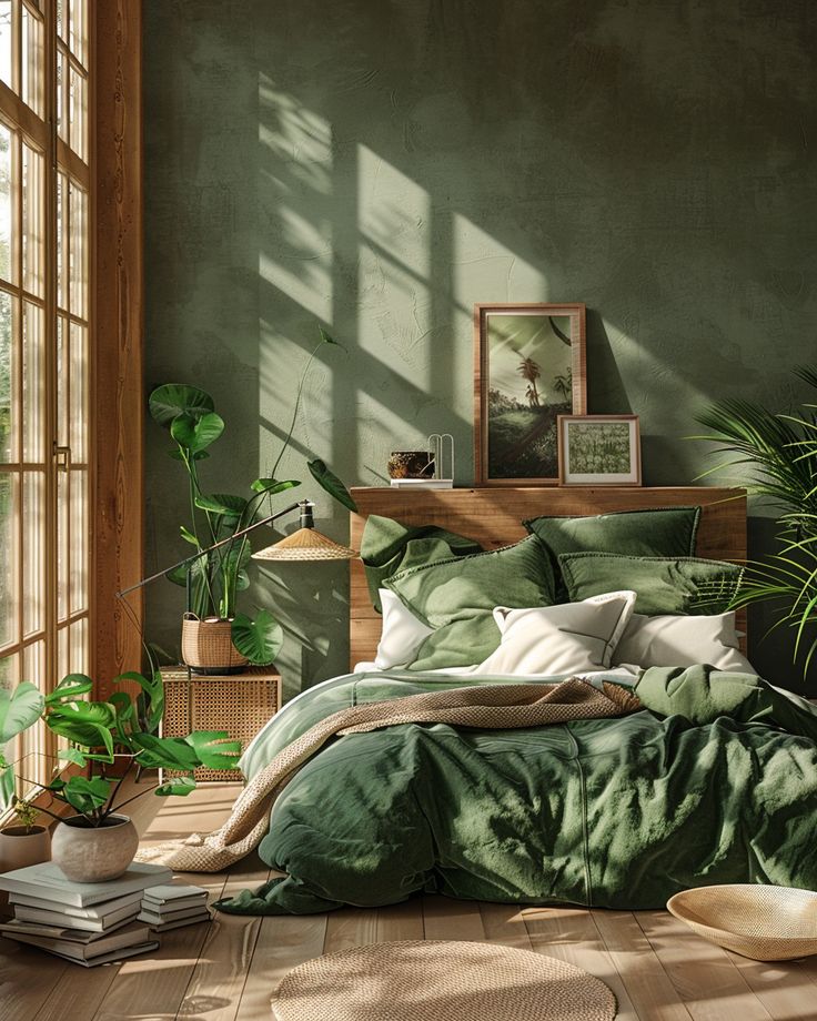 a bed with green sheets and pillows in a room next to a window filled with potted plants