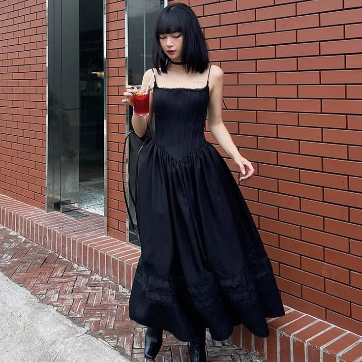 Long Corset Dress, Styl Grunge, Moda Grunge, Goth Princess, Corset Black, Street Y2k, Corset Waist, Lace Up Corset, Ankle Length Skirt