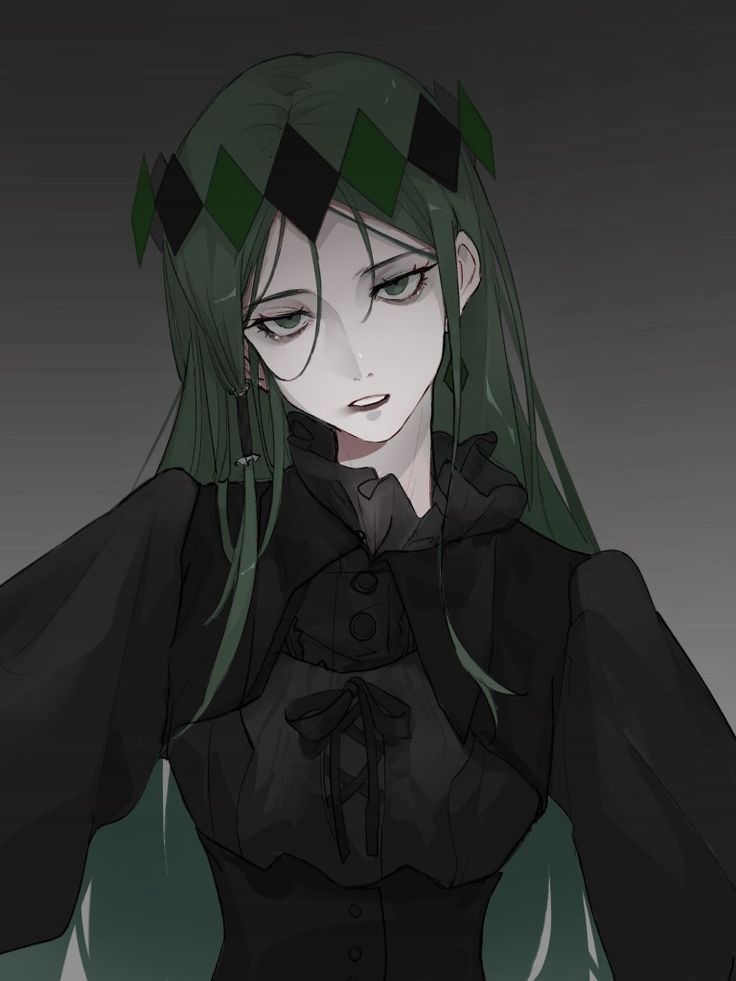 an anime character with green hair and black clothes