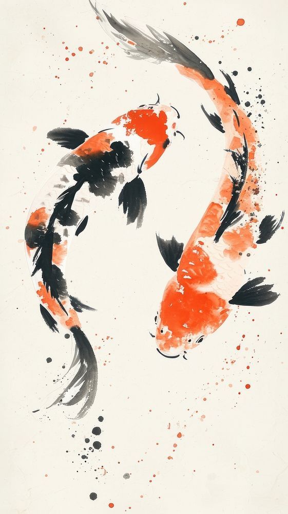 two orange and black koi fish swimming in water with splashing paint on it