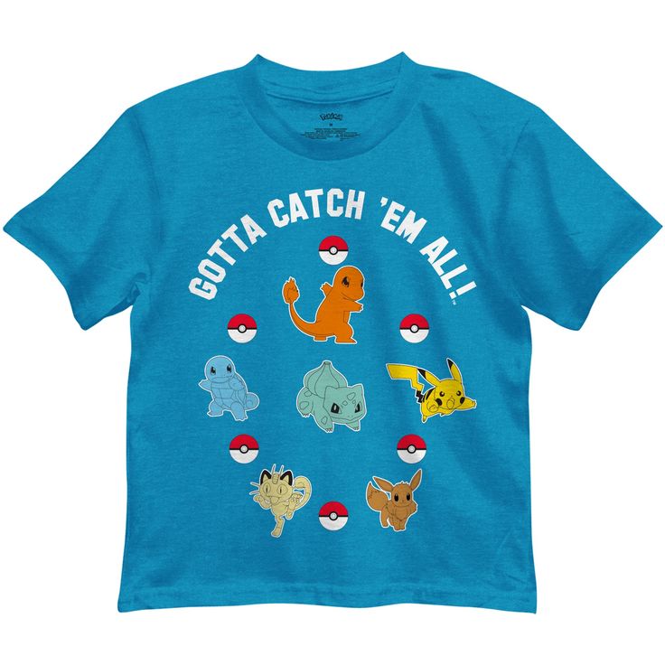 Little boys' t-shirt features popular Pokemon characters Pikachu, Charmander, Squirtle, Bulbasar, Meowth, and Eevee. The bright colors and fun design are sure to be a hit for your little Pokemon fan. Tee is crewneck and tagless. 60/40 cotton-poly blend. Machine washable. Imported. Popular Pokemon, Pokemon Clothes, Pokemon Pikachu, Pokemon Characters, Catch Em All, Pokemon Fan, Fun Design, Brie, Boys T Shirts