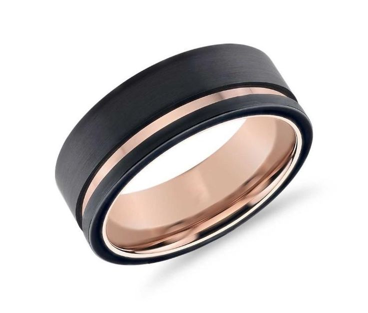 a black and rose gold wedding ring with an inlayed design on the center