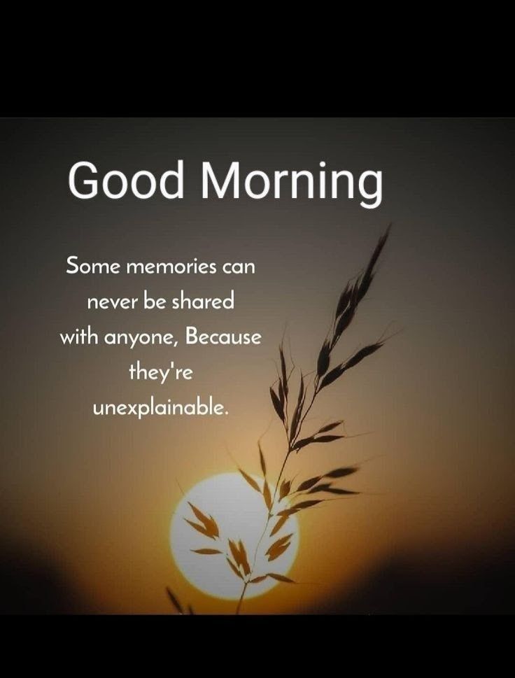 the sun is setting and there is a quote on it that says, good morning some memories can never be shared with anyone because they are unexplanable