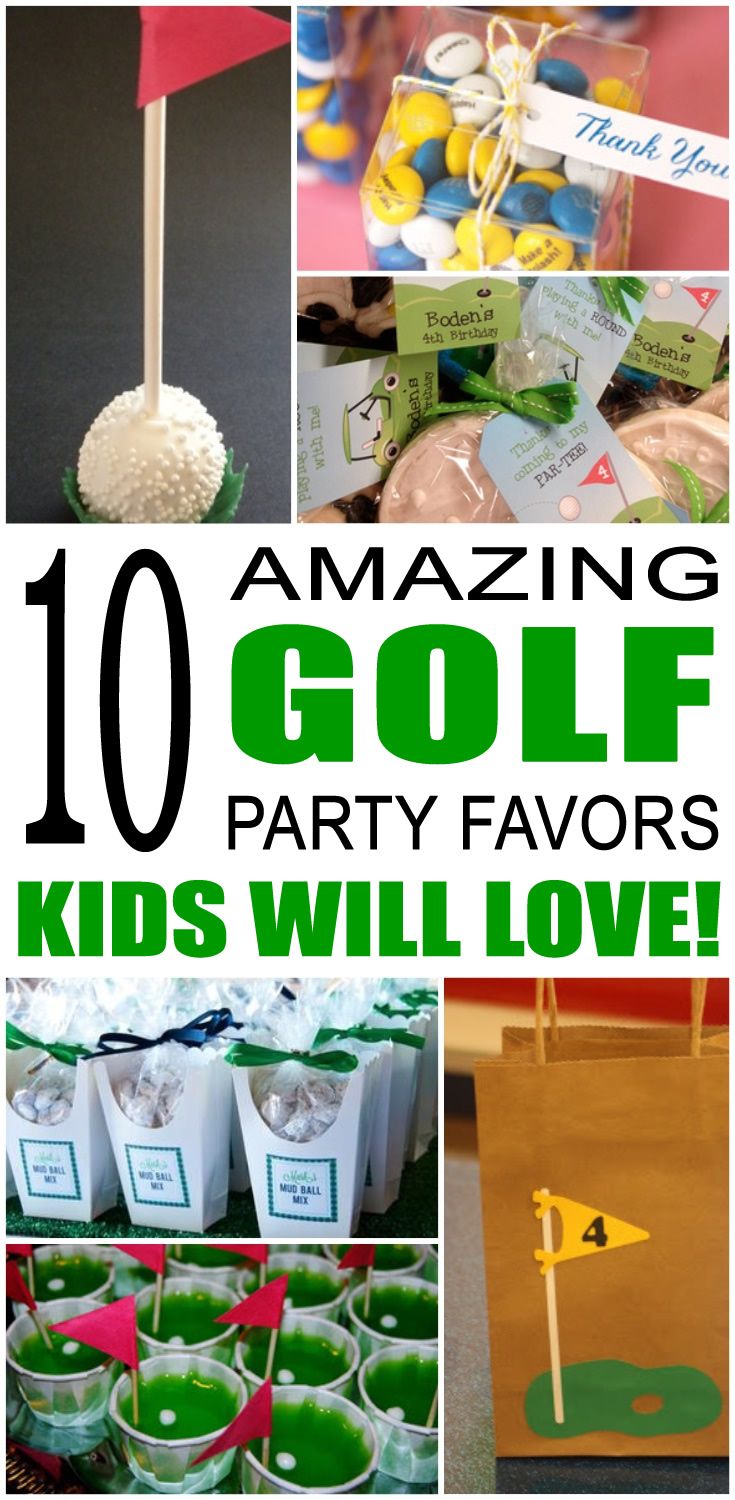 the collage of golf party favors is shown