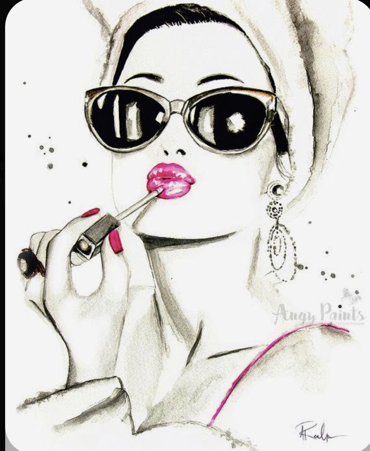 a drawing of a woman wearing sunglasses and holding a lipstick in her mouth with one hand