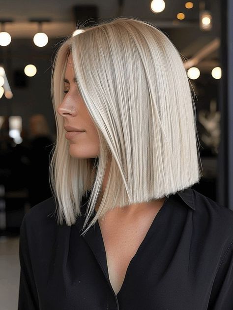 Sharp Blonde Bob, Long Bob Haircut Blonde, Platinum Long Bob, Blonde Bob Straight Hair, Sleek Blonde Bob, Blonde Hair Bob Short, Platinum Bob Hair, Platinum Blonde Long Bob, Short Blonde Hair Bobs