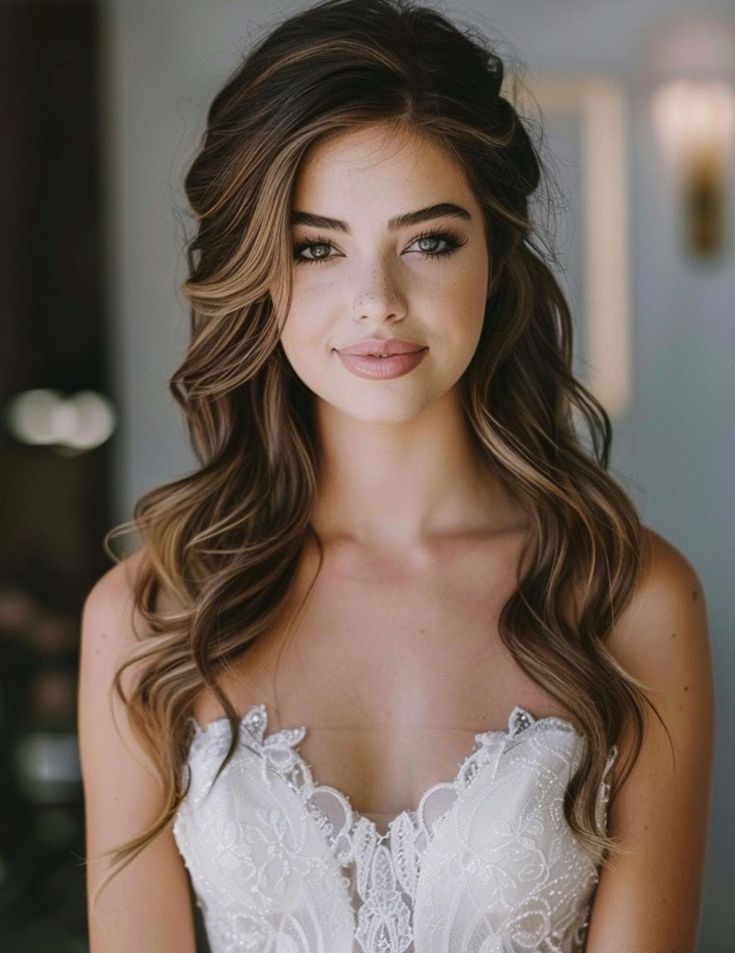 a woman with long hair wearing a wedding dress