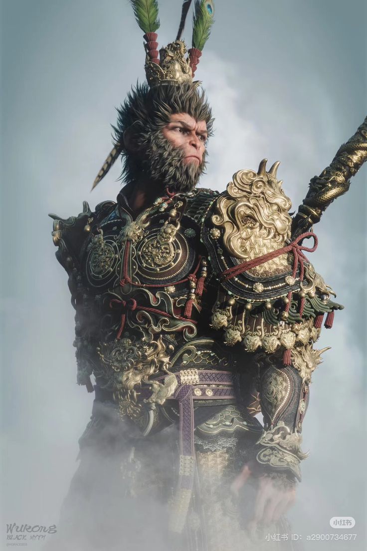 an image of a man dressed in armor with feathers on his head and two arms