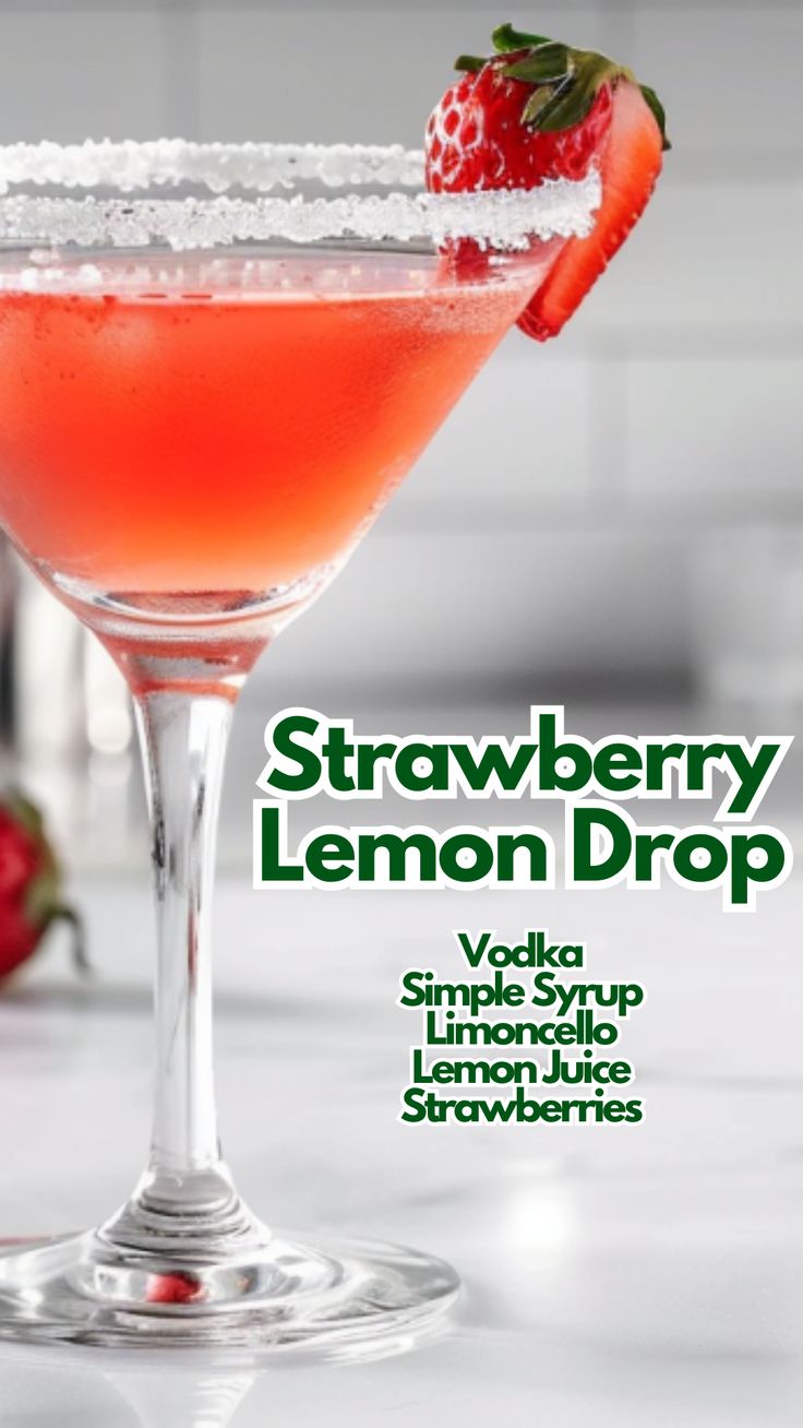 This Strawberry Lemon Drop Cocktail bursts with the fresh flavors of strawberries and the zing of lemon. Muddling fresh strawberries adds a natural sweetness, balanced perfectly by the tangy lemon juice and the smoothness of limoncello. #strawberrylemondrop via @mybartender Strawberry Lemon Drop Martini, Pink Lemon Drop, Strawberry Lemon Drop, Strawberry Cocktail Recipe, Strawberry Cocktail, Cocktail Cards, Lemon Drop Cocktail, Summer Vodka Cocktails, Strawberry Cocktails