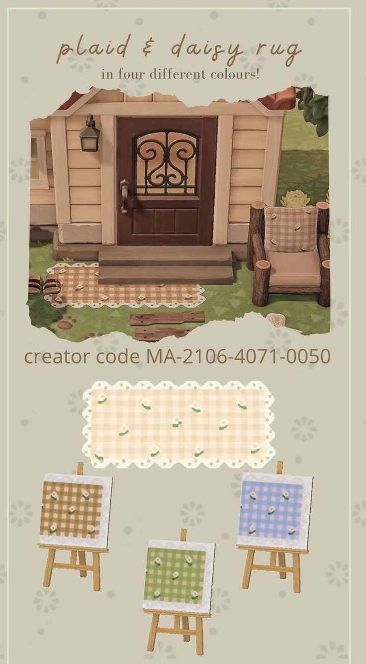 an advertisement for a house with chairs and rugs on the front porch, in different colors