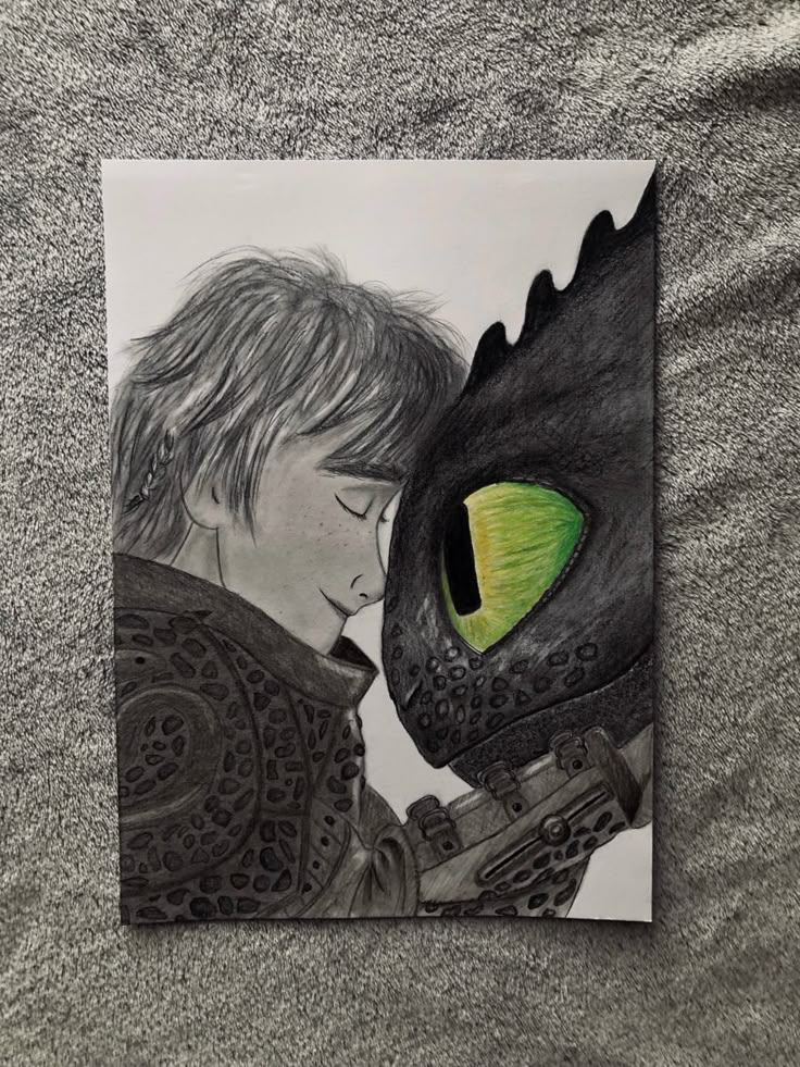 a black and white drawing of a boy kissing a dragon's face with green eyes