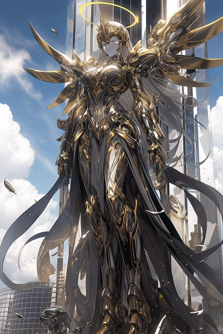 an angel standing in front of a tall building with gold wings and long black hair