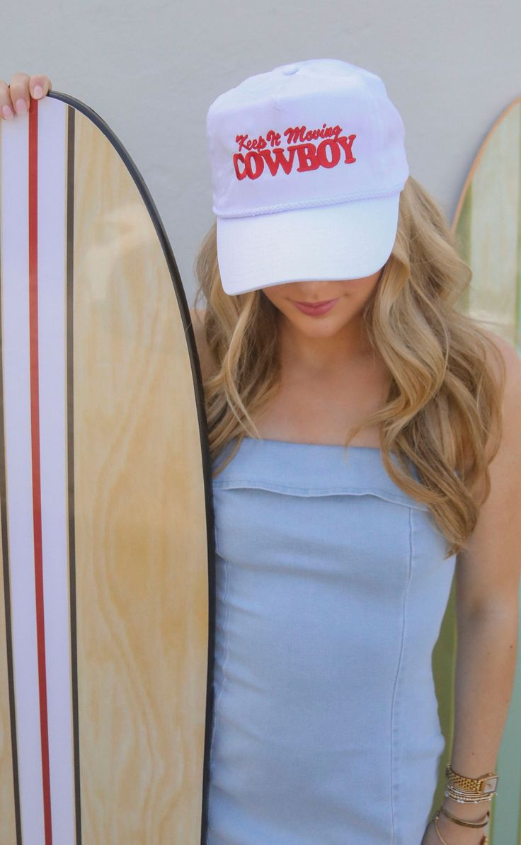 Let the hat do the talking. This white trucker hat features a bold red embroidery to tell that cowboy to keep on walkin'. 

ALL HATS ARE FINAL SALE! White Curved Brim Trucker Hat, Fun Style, Fun Red Trucker Hat, Patriotic White Trucker Hat, 4th Of July Americana Trucker Hat, White Trucker/basbeall Cap For 4th Of July, Western Dance, Bachelorette Hats, Red Embroidery, Swimming Outfit