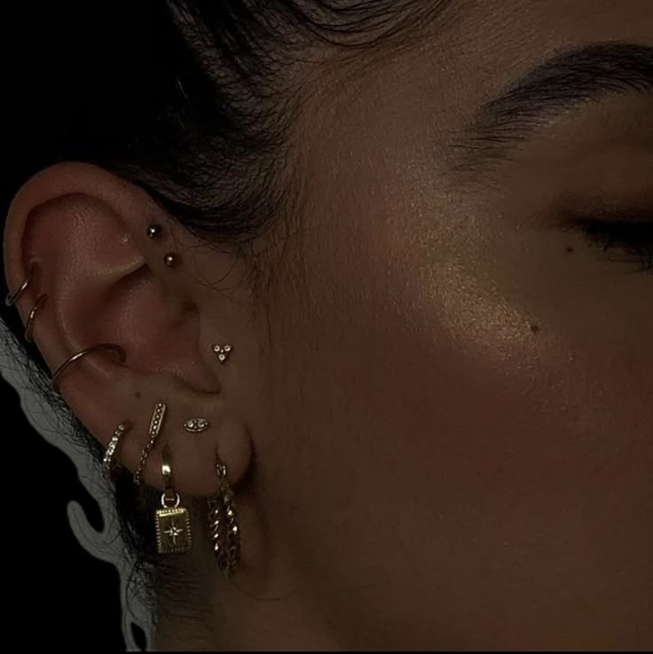 a close up of a person with ear piercings on their ears and behind the ear