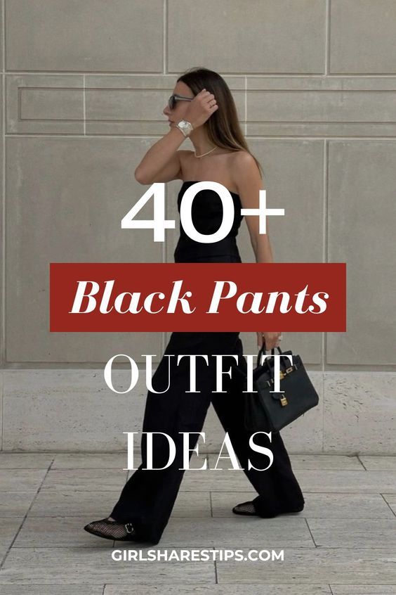 Discover 40+ black pants outfit ideas! From casual brunches to elegant date nights, these looks are effortlessly chic and trendy. Whether you prefer wide leg pants or dress pants, you'll find styles for spring, summer, fall, and winter. Perfect for work, vacation, or a night out at the club, these outfits cater to every occasion—think baddie vibes or classy aesthetics. Elevate your wardrobe with simple yet stylish ensembles that transition seamlessly from downtown adventures to beach outings! High Waisted Flare Pants Outfits Classy, Party Pants Outfit Classy, Black Pants With Heels Outfit, Black Sweater Pants Outfit, Black Pants Date Night Outfit, Dressy Outfits With Black Pants, Black Stretch Pants Outfits, Women Black Trousers Outfit, Black And White Houndstooth Pants Outfit