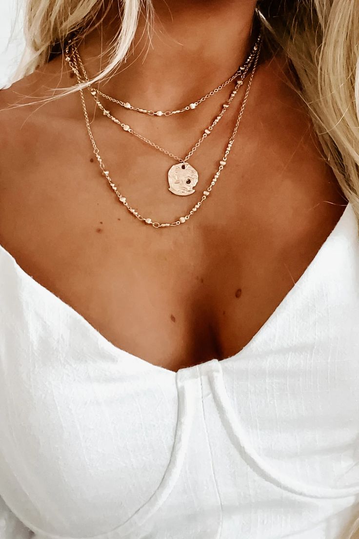 You Can Wear This Gold Layered Necklace With Any Outfit! $33, FAST AND FREE US SHIPPING! Layered Necklaces Boho, Layered Necklace Gold, 3 Layer Necklace, Gold Layered Necklace, Casual Necklaces, Stacked Necklaces, Trendy Sunglasses, Comfy Chic, Necklace Layering