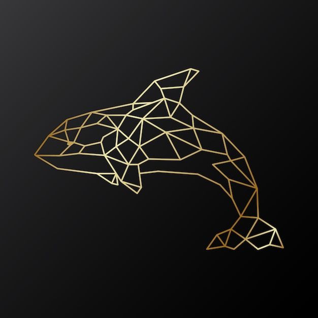 a gold origami dolphin on a black background is featured in this graphic design