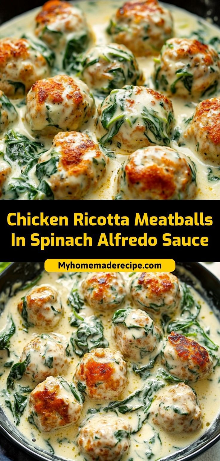 chicken ricotta meatballs in spinach alfredo sauce are the perfect appetizer