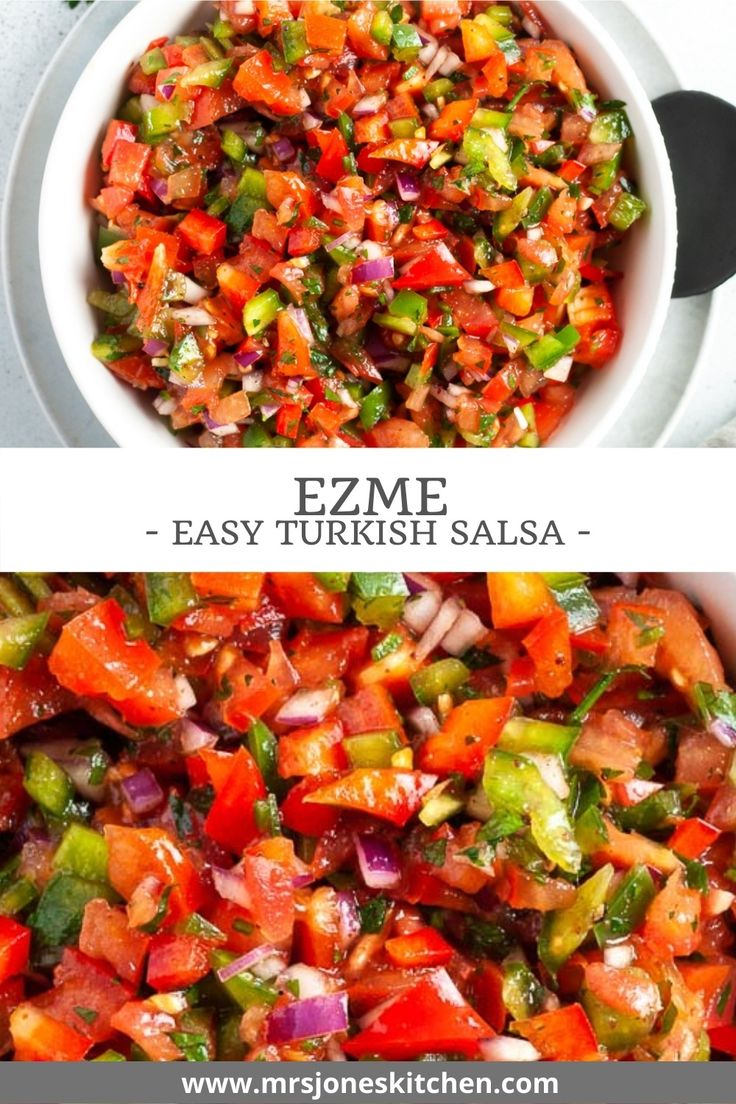 two pictures with different types of food in them and the title below it reads, ezem easy turkish salsa