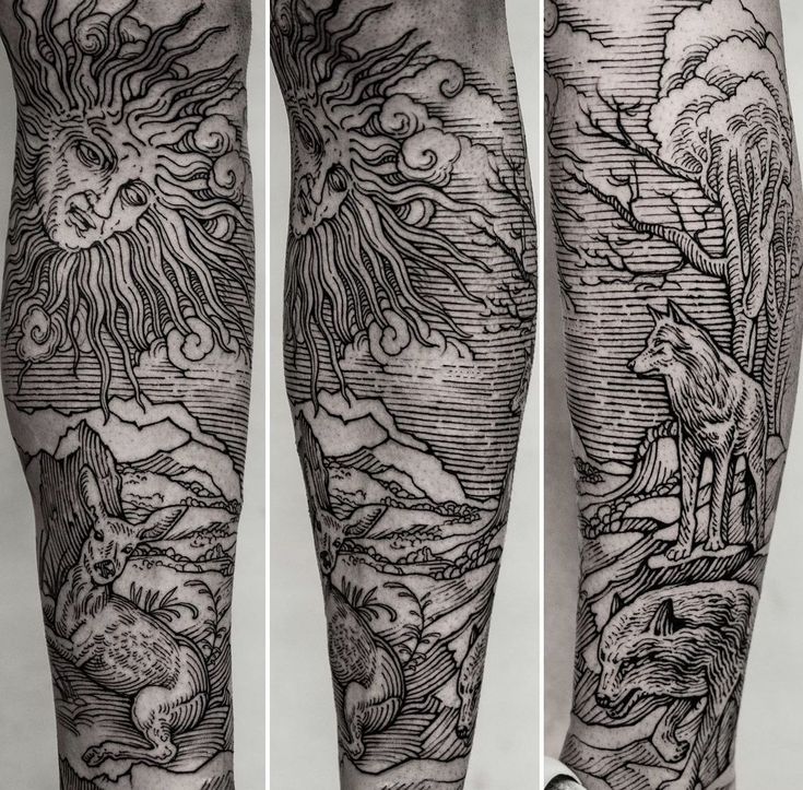 two legs with tattoos on them, one has a wolf and the other is an eagle