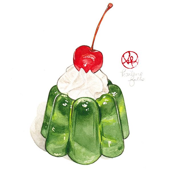 a drawing of a green jello with a cherry on top and whipped cream in the middle