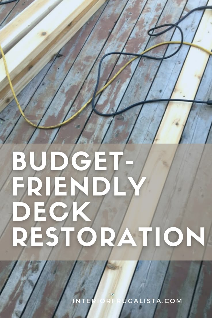 the words budget - friendly deck restoration on top of wood planks with ropes attached to them