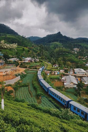 a blue train traveling through a lush green hillside covered in trees and bushes on a cloudy day